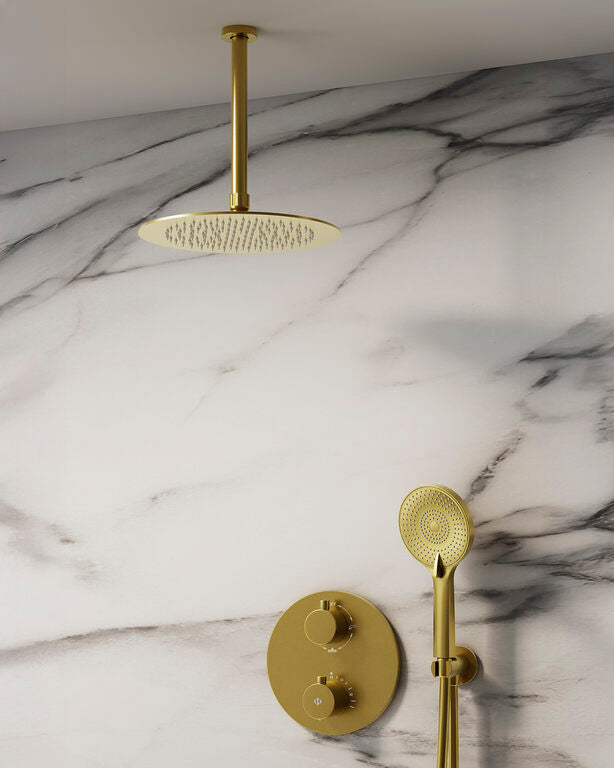 CONJ. EMPOTR. TERMOSTÁTICO ROUND ORO + ROCIADOR TECHO